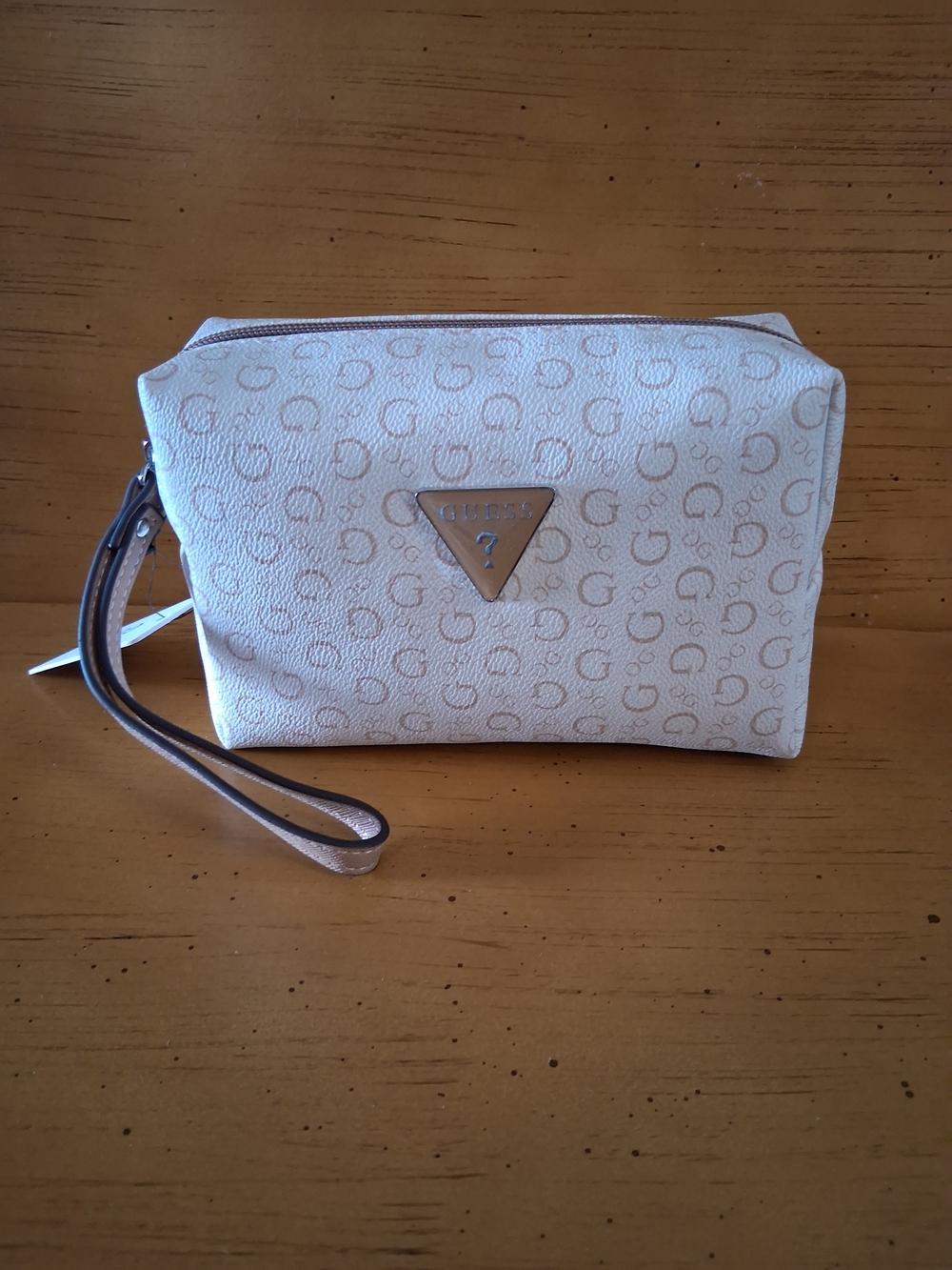 GUESS Cream Cosmetic Wristlet with Taupe Logo Trim